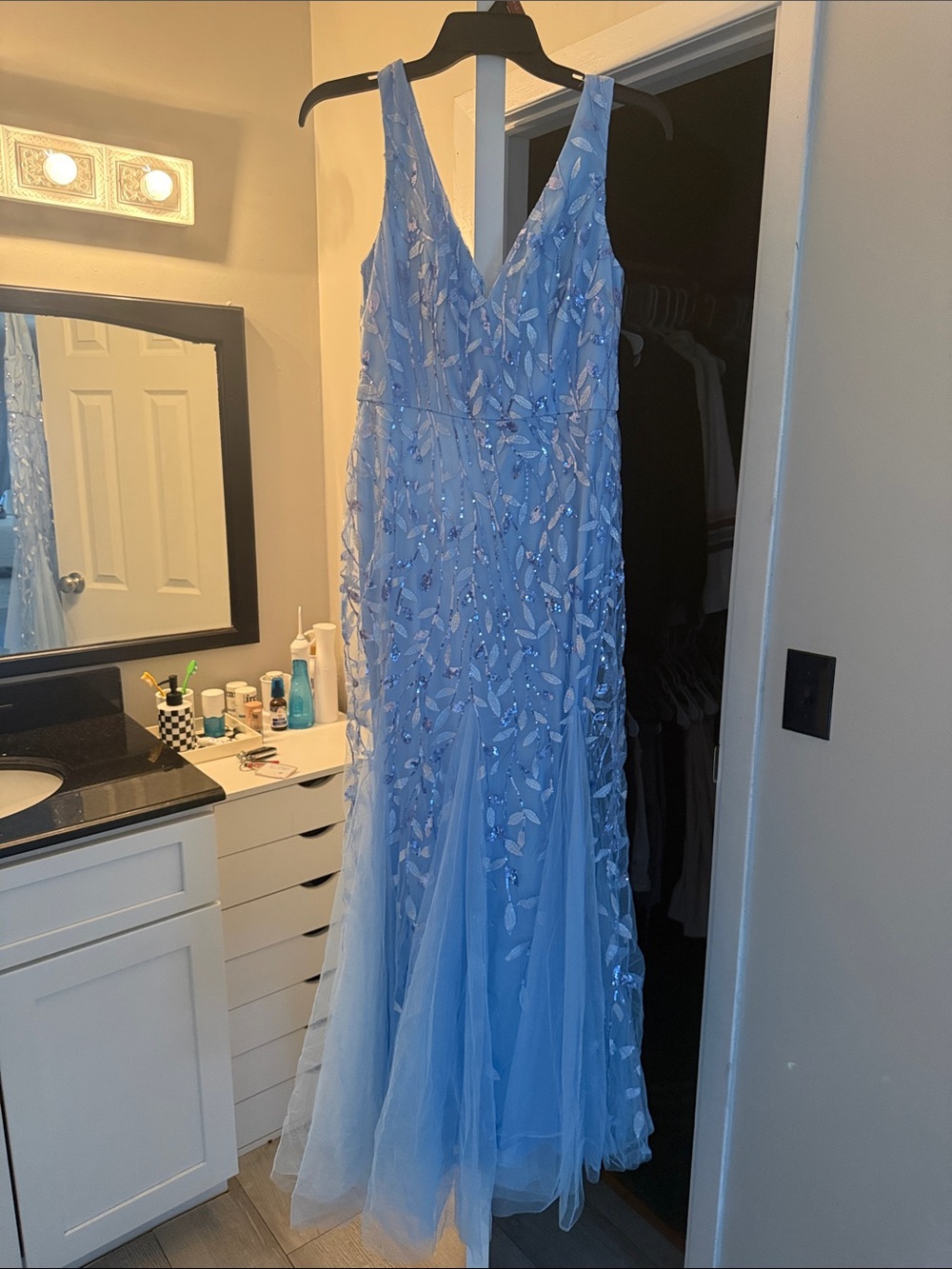 Ever Pretty Light Blue V-Neck Sequin Applique Prom Gown